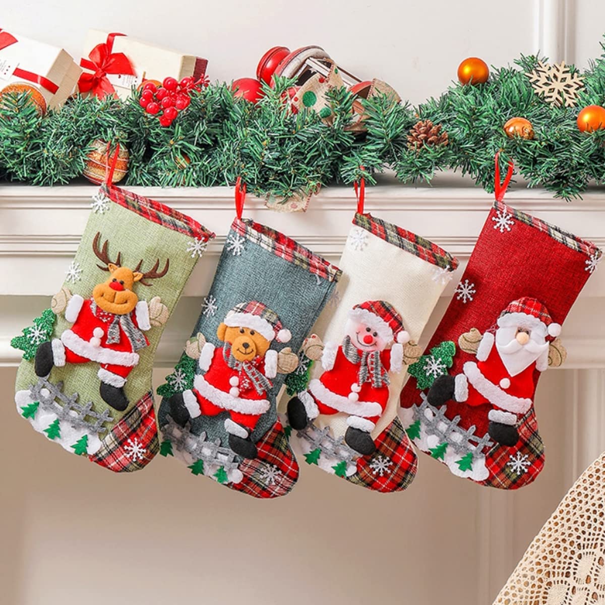 HASTHIP Set of 4 Christmas Decorations Stocking, 10 inch Linen Christmas Gift Stocking, Hanging Christmas Stockings Set Christmas Stocking Christmas Stocking for Window, Christmas Socks HASTHIP Set of 4 Christmas Decorations Stocking, 10 inch Linen Christmas Gift Stocking, Hanging Christmas Stockings Set Christmas Stocking Christmas Stocking for Window, Christmas Socks